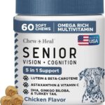 Chew + Heal Labs Senior Dog Vision and Cognition Chews - 60 Soft Chews for Dog Eye Care and Memory - 7-in-1 Multivitamin with Omega Fatty Acids, Vitamins, and Botanicals - Made in The USA