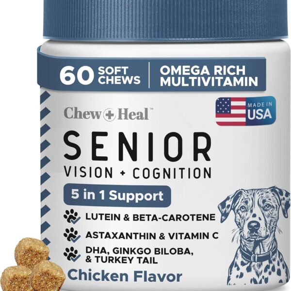 Chew + Heal Labs Senior Dog Vision and Cognition Chews - 60 Soft Chews for Dog Eye Care and Memory - 7-in-1 Multivitamin with Omega Fatty Acids, Vitamins, and Botanicals - Made in The USA