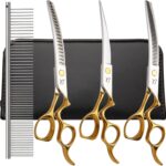 Dog Grooming Scissors,Curved Chunkers Shears Deg Grooming with Safety Round Tips, Sharp and Comfortable 4 in 1 Dog Scissers for Grooming