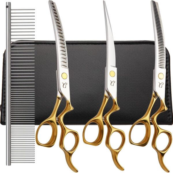 Dog Grooming Scissors,Curved Chunkers Shears Deg Grooming with Safety Round Tips, Sharp and Comfortable 4 in 1 Dog Scissers for Grooming