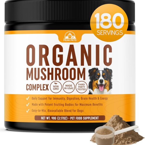 Mushroom Supplement Powder for Dogs (90g) Organic Mushroom Complex with Turkey Tail and Lions Mane for Dogs - Immune Support, Brain Health and Digestion - Third Party Tested, Non-GMO and Made in USA
