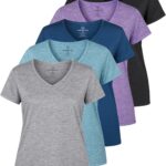 Real Essentials 5 Pack: Women's Dry-Fit Short Sleeve V Neck T Shirt Workout Fitness Yoga Top Tee (Available in Plus Size)