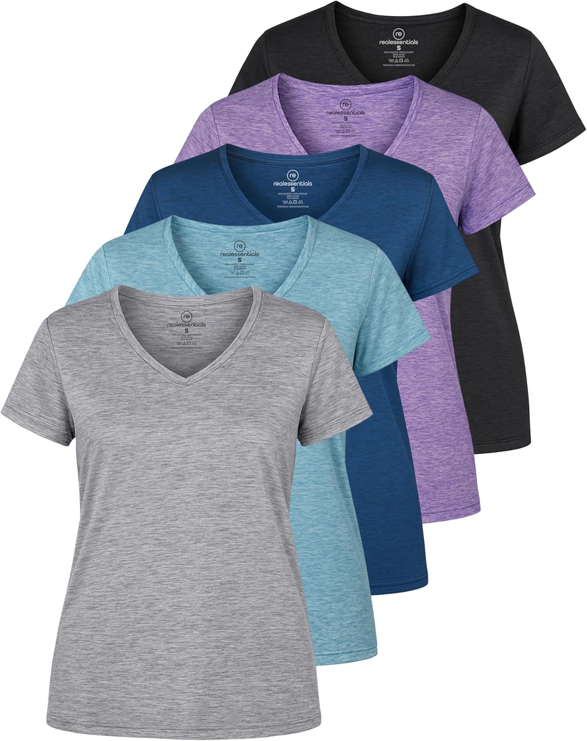 Real Essentials 5 Pack: Women's Dry-Fit Short Sleeve V Neck T Shirt Workout Fitness Yoga Top Tee (Available in Plus Size) Real Essentials 5 Pack: Women's Dry-Fit Short Sleeve V Neck T Shirt Workout Fitness Yoga Top Tee (Available in Plus Size)