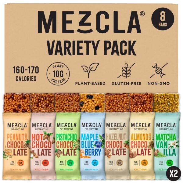 Mezcla Plant Based Protein Bars - Variety Pack - Healthy Snacks for Adults & Kids - Granola Bars for School Snacks, Office Snacks - Gluten Free, Vegan, Non GMO, & 10g Protein - 8 Count