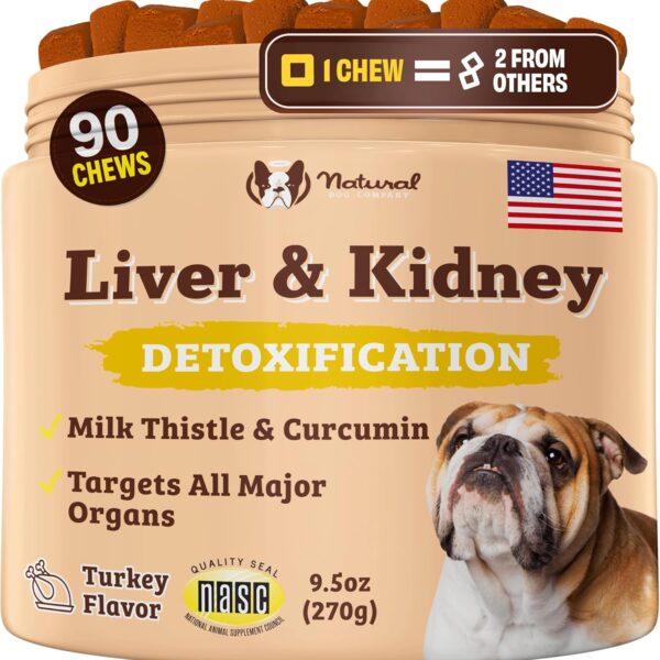 Natural Dog Company Liver & Kidney Supplement for Dogs  90 Soft Chews with Milk Thistle, Cranberry, Dandelion Root, Turmeric & Astragalus  Supports Liver Function, Kidney Health & Overall Wellness