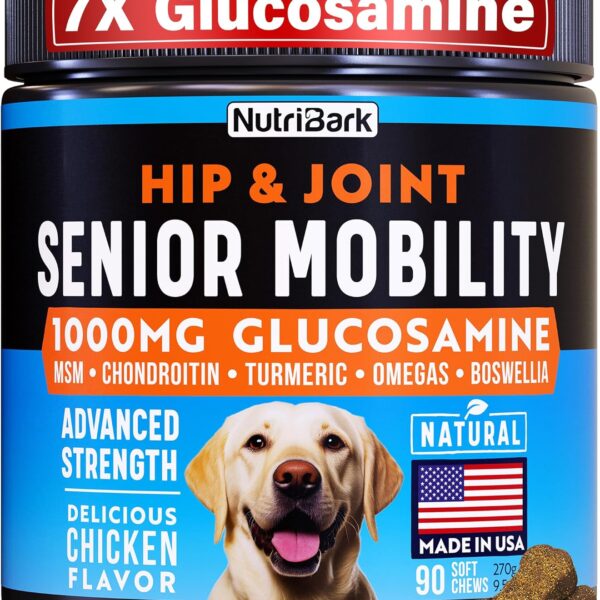 Glucosamine for Dogs -1000mg- Senior Dog Joint Supplement -Advanced Hip & Joint Support Chews w/Glucosamine, Chondroitin, MSM, Turmeric & Omega 3 for Pain & Inflammation Relief, Improved Mobility