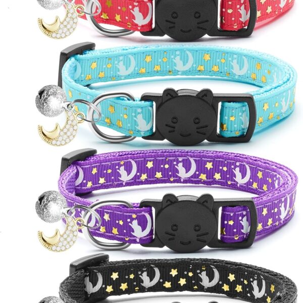 4 PCS Breakaway Cat Collars with Bell Moons Stars,Kitten Collar and Adjustable with Pendant Glow,Cute Kitty Collar for Girl Boy Cats,Pet Gifts,Accessories(4 Colors)