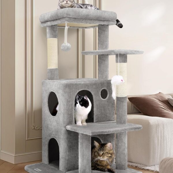 Globlazer Cat Tree Tower for Indoor Cats, 50-inch Adult Cat Tree House for Large Adult Cats with Steps, Scratching Post, 2 Cat Caves, Dangling Toys, FC50, Light Grey
