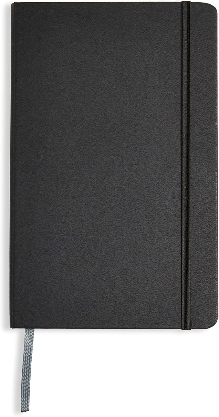 Amazon Basics Classic Lined Writing Notebook for Note Taking and Journaling, Hardcover with Elastic Closure, 240 Pages, 5" x 8.25", Black
