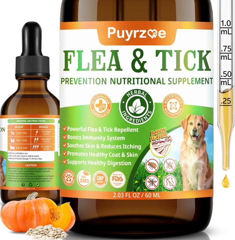 Natural Flea and Tick Prevention for Dogs, 60ML Herbal Formula with Multivitamins, Pumpkin Seed, Flea and Tick Treatment Supplement Drops for Dogs & Puppies - Supports Immunity, Skin & Coat Support