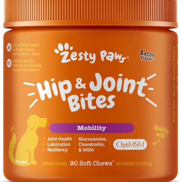 Zesty Paws Hip and Joint for Dogs, Glucosamine for Dogs Hip and Joint Supplement with Chondroitin, MSM, Vitamins C & E - Bacon, 90 Count
