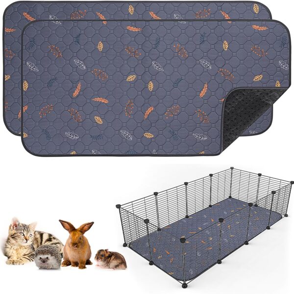 Sunheir 2 Pack Washable Guinea Pig Pee Pads, 24" x 48" Waterproof Reusable Guinea Pig Cage Liners, Absorbent Bedding Training Mat for Small Animal Guinea Pigs Rabbit Bunny Hamster (Leaves - Deep Grey)