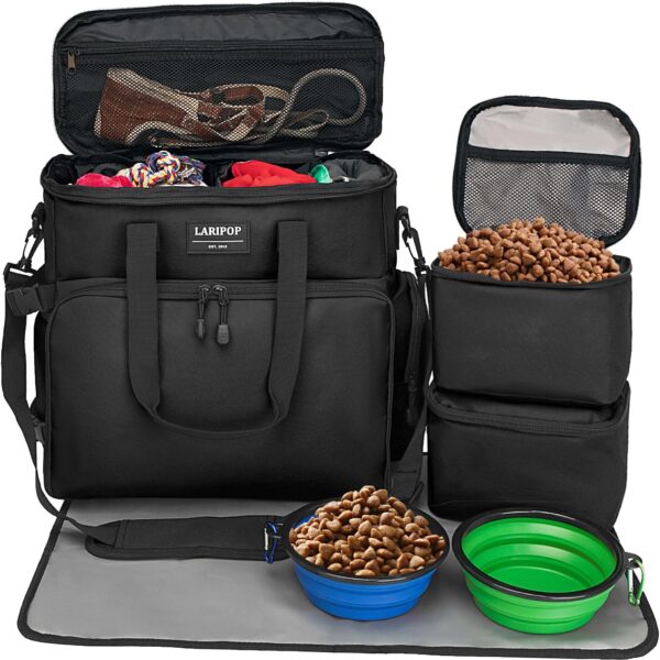 LARIPOP Dog Travel Bag, Airline Approved Tote, Multi-Function Dog Bags for Traveling, Includes 2 Collapsible Bowls, 2 Food Storage Containers, 1 Feeding Mat, Black