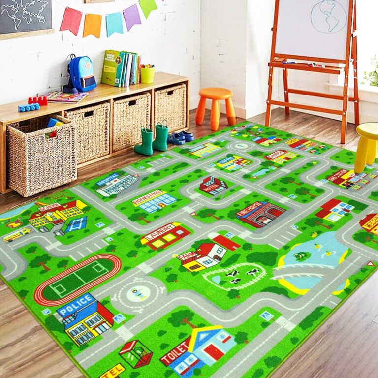 Capslpad Green Car Road Kid Rug Carpet Playmat for Playoom Traffic Road Kids Play Mat for Toddler Non Slip Washable City Map Race Track Carpet Rug for Kids Room Bedroom Nursery Room Decor,6.6'x5'