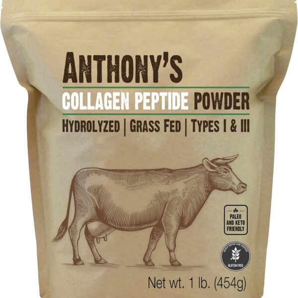 Anthony's Collagen Peptide Powder, 1 lb, Pure Hydrolyzed, Gluten Free, Keto and Paleo Friendly, Grass Fed, Unflavored, Non GMO
