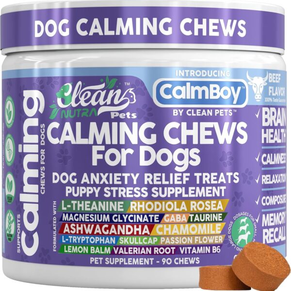 Clean Nutra Calming Chews for Dogs, Dog Anxiety Relief Supplement, L Theanine Ashwagandha Rhodiola GABA Magnesium Valerian Natural Ingredients, 90 Chews, Beef Flavor