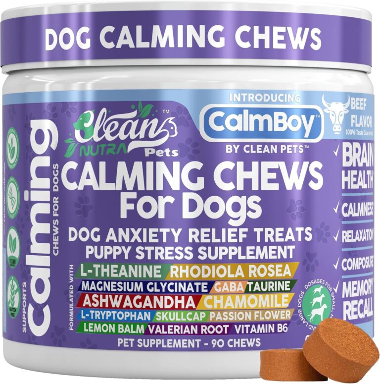 Clean Nutra Calming Chews for Dogs, Dog Anxiety Relief Supplement, L Theanine Ashwagandha Rhodiola GABA Magnesium Valerian Natural Ingredients, 90 Chews, Beef Flavor