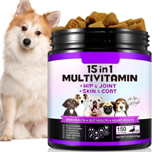 15-in-1 Dog Multivitamin Supplements with Glucosamine & ProbioticsNatural Daily Vitamins Chews for Dogs,Pet Health Support-Skin-Immunity-Gut Digestion-Joint-Heart,150 Pcs-Duck Flavor