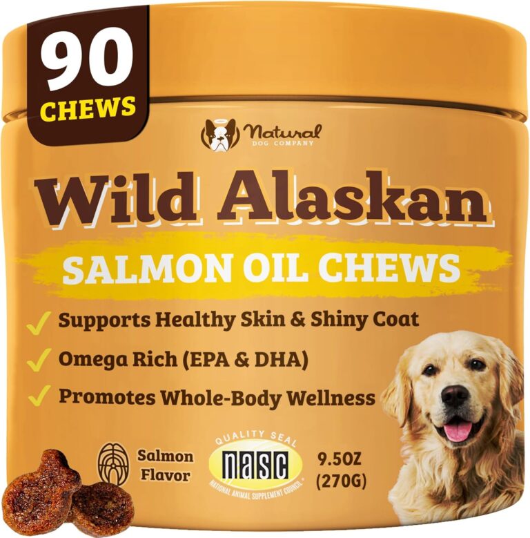 Natural Dog Company Wild Alaskan Salmon Chews for Dogs  Fish Oil Supplement with EPA & DHA for Itchy Skin, Coat, Brain, Joints & Immune Health, Daily Omega-3 Chews, 90 Count