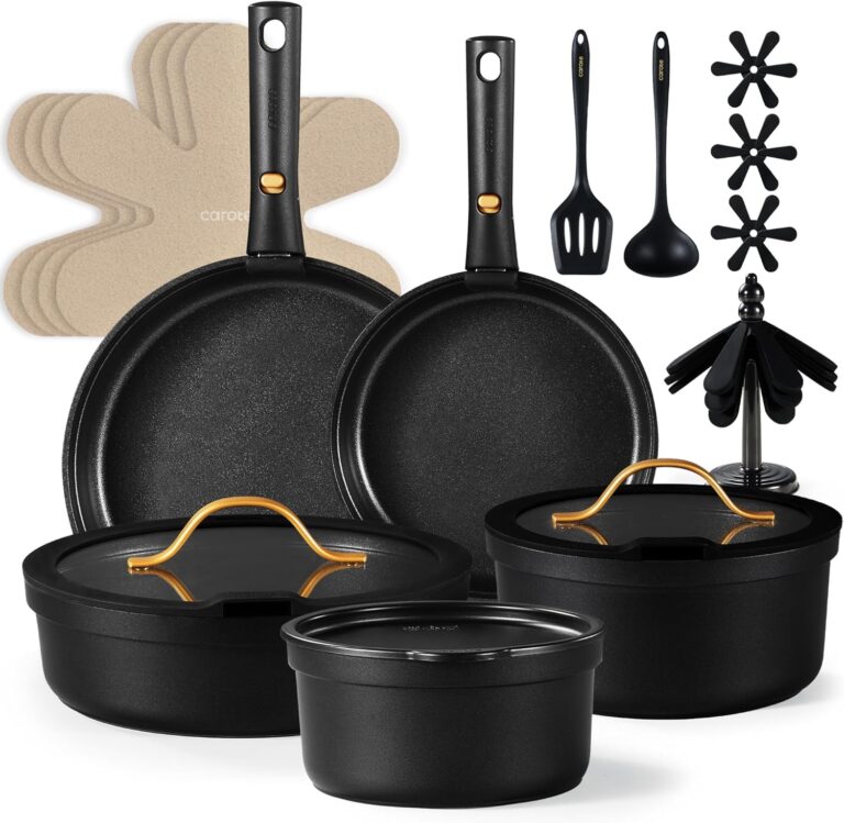 CAROTE 19pcs Pots and Pans Set Non Stick, Nonstick Cookware Set, Dishwasher/Oven/Fridge Safe Pots and Pans, Removable Handle RV Oven Safe Cookware, Induction Kitchen Set, Black