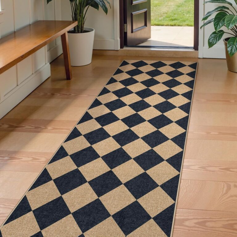Lahome Checkered Easy Jute Runner Rug, 2x8 Hallway Kitchen Runner Rug Non Slip Washable Outdoor Carpet for Entryway Indoor, Checkerboard Black Indoor Outdoor Carpet for Hallway 8ft Entry