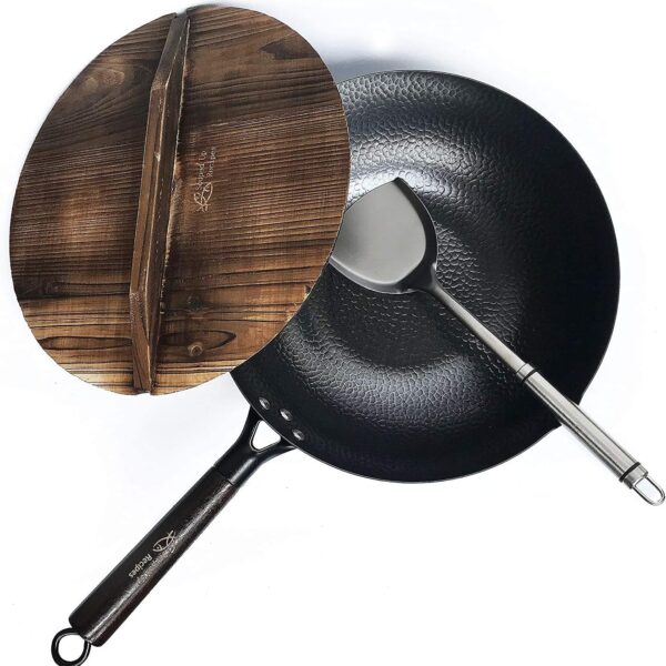 12.5 Inch Carbon Steel Wok For Electric, Induction and Gas Stoves (Lid, Spatula and User Guide Video Included)