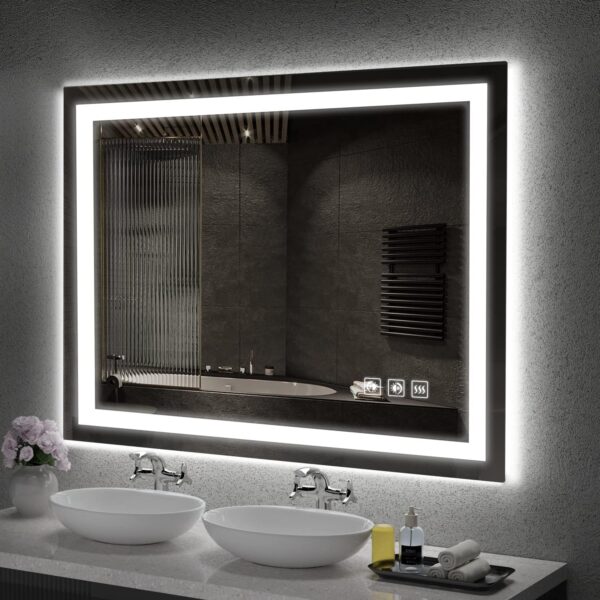 LED Mirror for Bathroom, 48x36 Inch Backlit + Front Lighted Bathroom Vanity Mirror with Lights for Wall, Double Light Strips, 3 Colors, Shatter-Proof, Anti-Fog and Brightness Memory