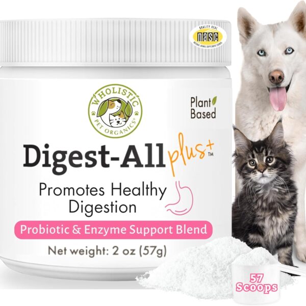 Wholistic Pet Organics Probiotics for Dogs with Digestive Enzymes & Prebiotic Fiber - 2 Oz - Daily Cat & Dog Probiotics for Digestive Health, Anti Diarrhea & Gut Support - Cat Probiotic - 57 Scoops