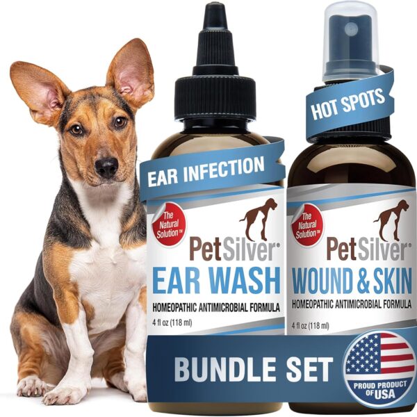 PetSilver - Wound & Skin Spray (4 fl oz) and Ear Wash (8 fl oz) with Patented Chelated Silver - Wound Care, Hot Spot, & Itch Relief Spray - Ear Cleaner & Treatment for Cats and Dogs - Made in USA