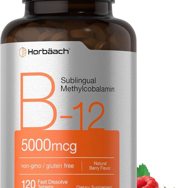 Horbach B12 Vitamin 5000 mcg | 120 Fast Dissolve Tablets | Sublingual Methylcobalamin | Vegetarian, Non-GMO & Gluten Free Supplement