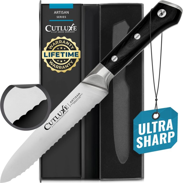 Cutluxe Serrated Kitchen Utility Knife - 5" Tomato Knife  Ultra Sharp Blade, Ergonomic Handle, Full Tang, Forged High Carbon German Steel  Artisan Series