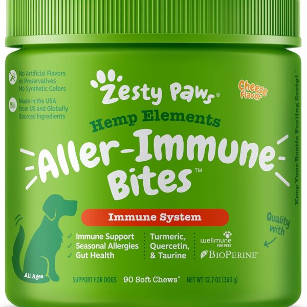 Zesty Paws Allergy Immune Soft Chews + Hemp Seed for Dogs - with Turmeric, Cod Liver Fish Oil, Beta Glucan, Vitamin C & Quercetin - Supports Dog Immune System Function + Seasonal Allergies - 90 Chews