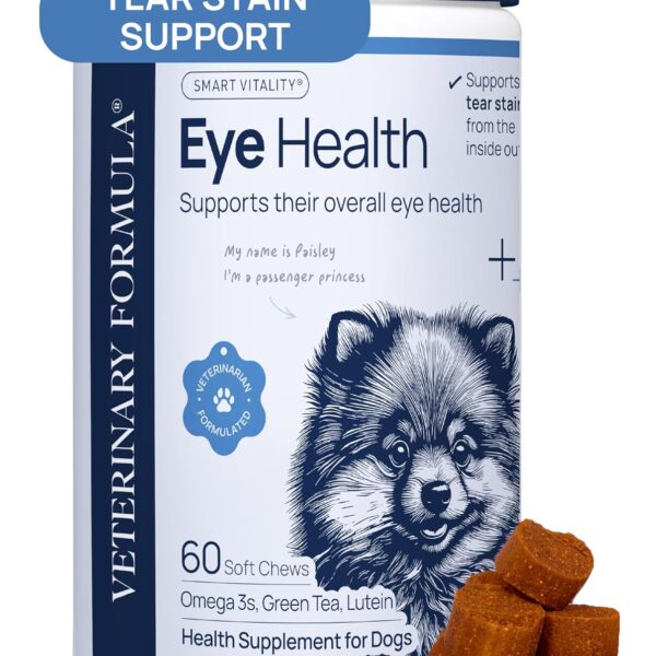 Veterinary Formula Eye Health Supplement for Dogs  Vet-Formulated Tear Stain Chews with Omega 3, Lutein & Cranberry  Smart Vitality Supports Eye Moisture, Stain Reduction & Immunity, 60 Soft Chews