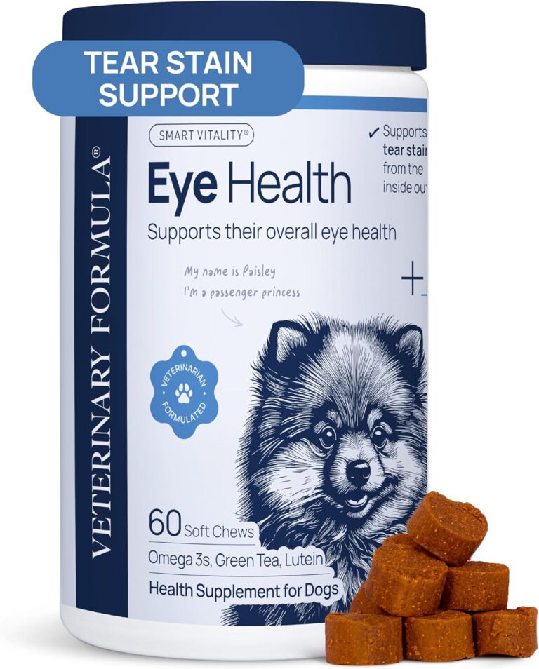 Veterinary Formula Eye Health Supplement for Dogs  Vet-Formulated Tear Stain Chews with Omega 3, Lutein & Cranberry  Smart Vitality Supports Eye Moisture, Stain Reduction & Immunity, 60 Soft Chews