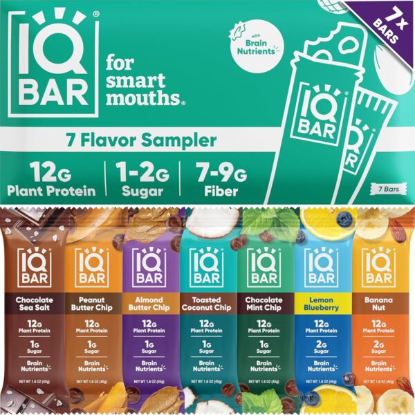 IQBAR Brain and Body Plant Protein Bars - 7 Bar Sampler Variety Pack - Keto, Vegan, Low Carb, High Fiber, Gluten Free, Dairy Free, Low Sugar Snack with Nutrients for Focus, Energy and Meal Replacement