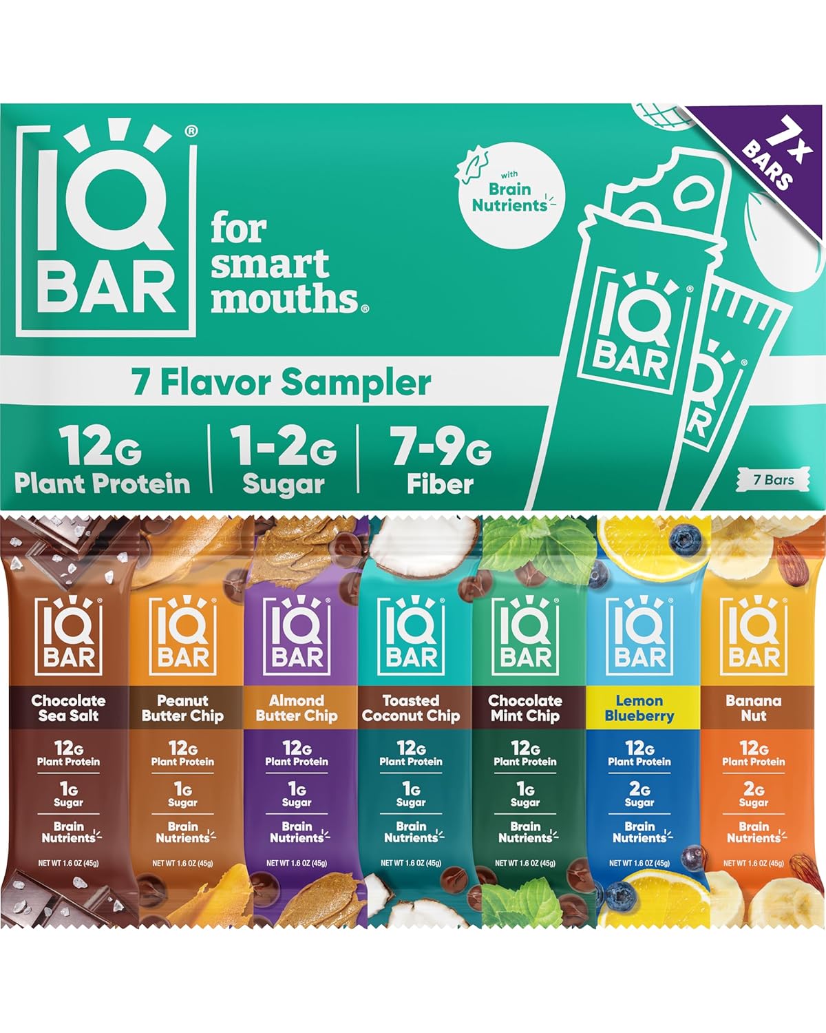 IQBAR Brain and Body Plant Protein Bars - 7 Bar Sampler Variety Pack - Keto, Vegan, Low Carb, High Fiber, Gluten Free, Dairy Free, Low Sugar Snack with Nutrients for Focus, Energy and Meal Replacement IQBAR Brain and Body Plant Protein Bars - 7 Bar Sampler Variety Pack - Keto, Vegan, Low Carb, High Fiber, Gluten Free, Dairy Free, Low Sugar Snack with Nutrients for Focus, Energy and Meal Replacement