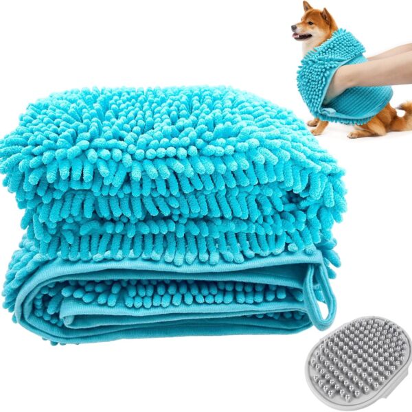 Premium Dog Drying Towel & Bath Brush Set Super Absorbent Sherpa Microfiber Pet Towel for Fast Drying, Gentle Cleaning & Coat Care | Safe for Dogs & Cats
