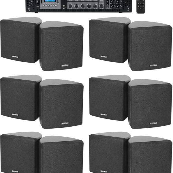 Rockville RCS180-6 Bundle: 180 Watt 6-Zone 70V Commercial/Restaurant Amplifier with Bluetooth, (6) Cube 3.5" Black Commercial 70V Swivel Wall Mount Speakers, 7-Items