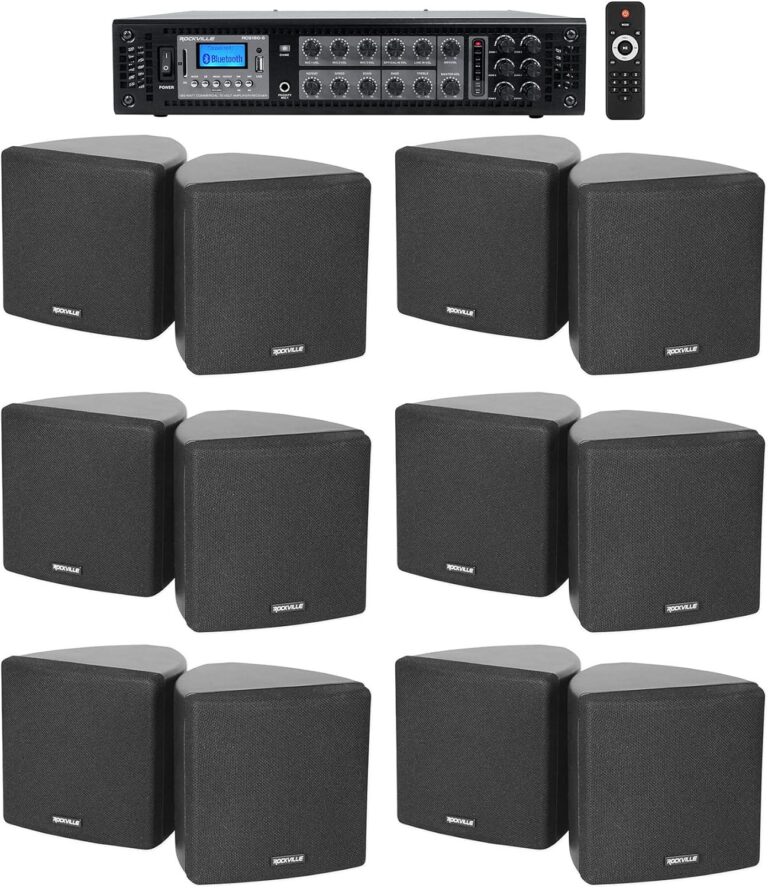 Rockville RCS180-6 Bundle: 180 Watt 6-Zone 70V Commercial/Restaurant Amplifier with Bluetooth, (6) Cube 3.5" Black Commercial 70V Swivel Wall Mount Speakers, 7-Items