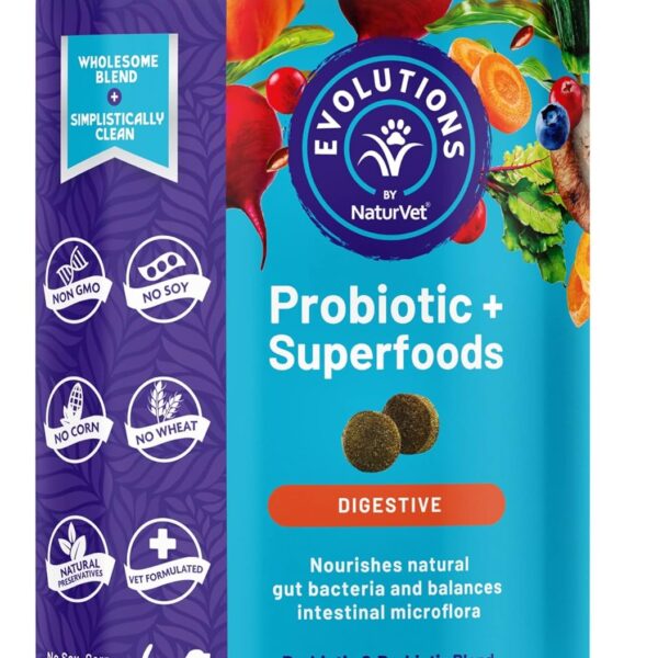 NaturVet Evolutions Probiotic & Superfoods 90ct Soft Chews for Dogs - Prebiotic & Probiotic Blend, Digestive Enzymes, Bone Broth, Omega's - Nourishes Natural Gut Bacteria and Intestinal Microflora