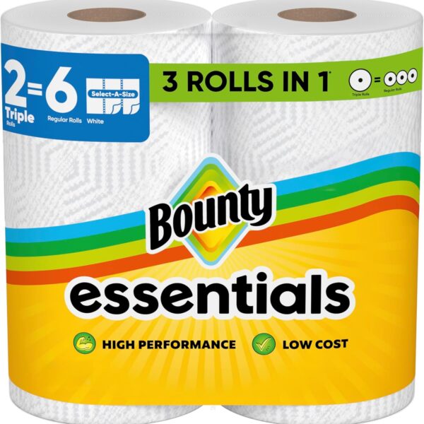 Bounty Essentials Select-A-Size Paper Towels, White, 2 Triple Rolls = 6 Regular Rolls (Packaging May Vary)