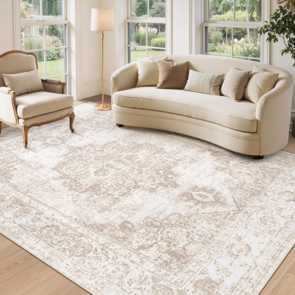 Area Rug 5x7 Vintage Rug: Washable Indoor Medallion Rugs Low Pile Distressed Floor Carpet Retro Accent Rug for Living Room Bedroom Kitchen Dining Table Home Office(Beige, 5'x7')