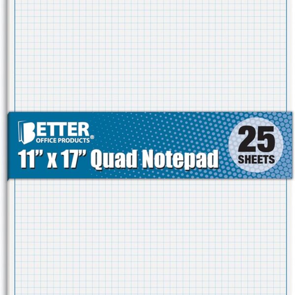 Better Office Products Graph Paper Pad, 17" x 11", 25 Sheets, Blue Line Border, Blueprint Paper, Double Sided, White, 4x4 Blue Quad Rule, Easy Tear Sheets, Grid Paper, Graph Paper