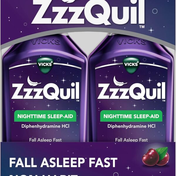 ZzzQuil, Sleep Aid, Nighttime Sleep Aid Liquid, 50 mg Diphenhydramine HCl, Fall Asleep Fast, Non-Habit Forming, Warming Berry Flavor, 12 FL OZ (Pack of 2)