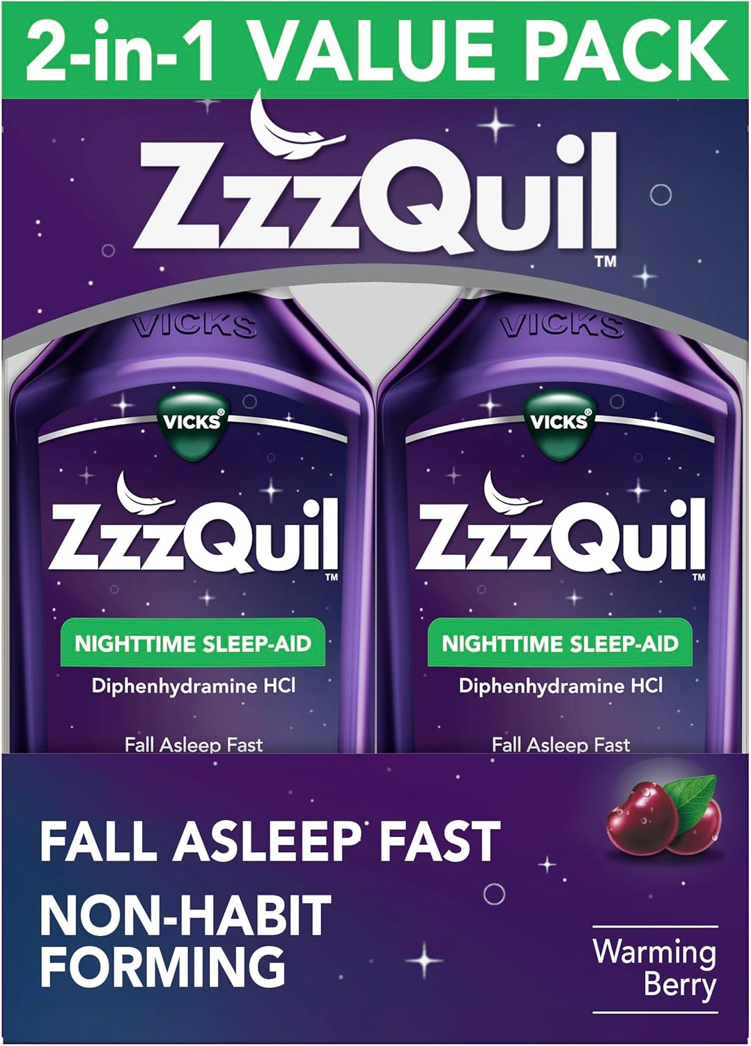 ZzzQuil, Sleep Aid, Nighttime Sleep Aid Liquid, 50 mg Diphenhydramine HCl, Fall Asleep Fast, Non-Habit Forming, Warming Berry Flavor, 12 FL OZ (Pack of 2) ZzzQuil, Sleep Aid, Nighttime Sleep Aid Liquid, 50 mg Diphenhydramine HCl, Fall Asleep Fast, Non-Habit Forming, Warming Berry Flavor, 12 FL OZ (Pack of 2)