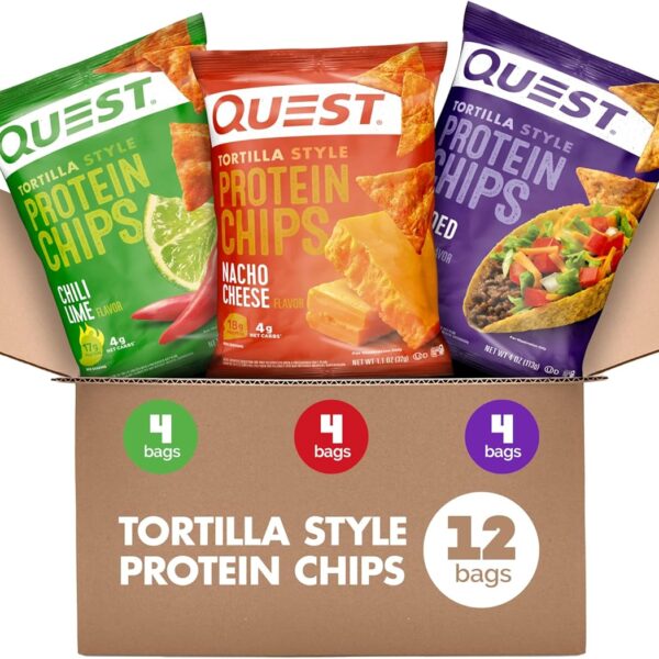 Quest Nutrition Tortilla Style Protein Chips Variety Pack, Chili Lime, Nacho Cheese, Loaded Taco, Low Carb, High Protein, Gluten Free, 1.1 oz (Pack of 12)