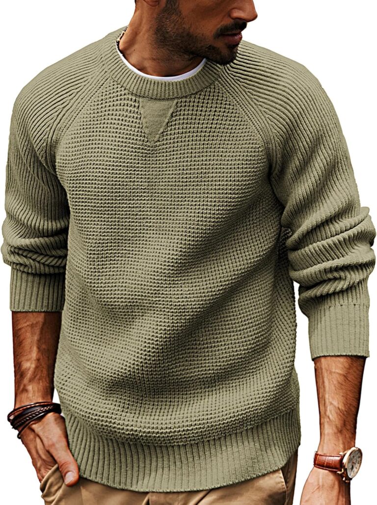 PJ PAUL JONES Mens Crewneck Sweater Waffle Knitted Pullover Sweaters Raglan Sleeve Knitwear Sweaters