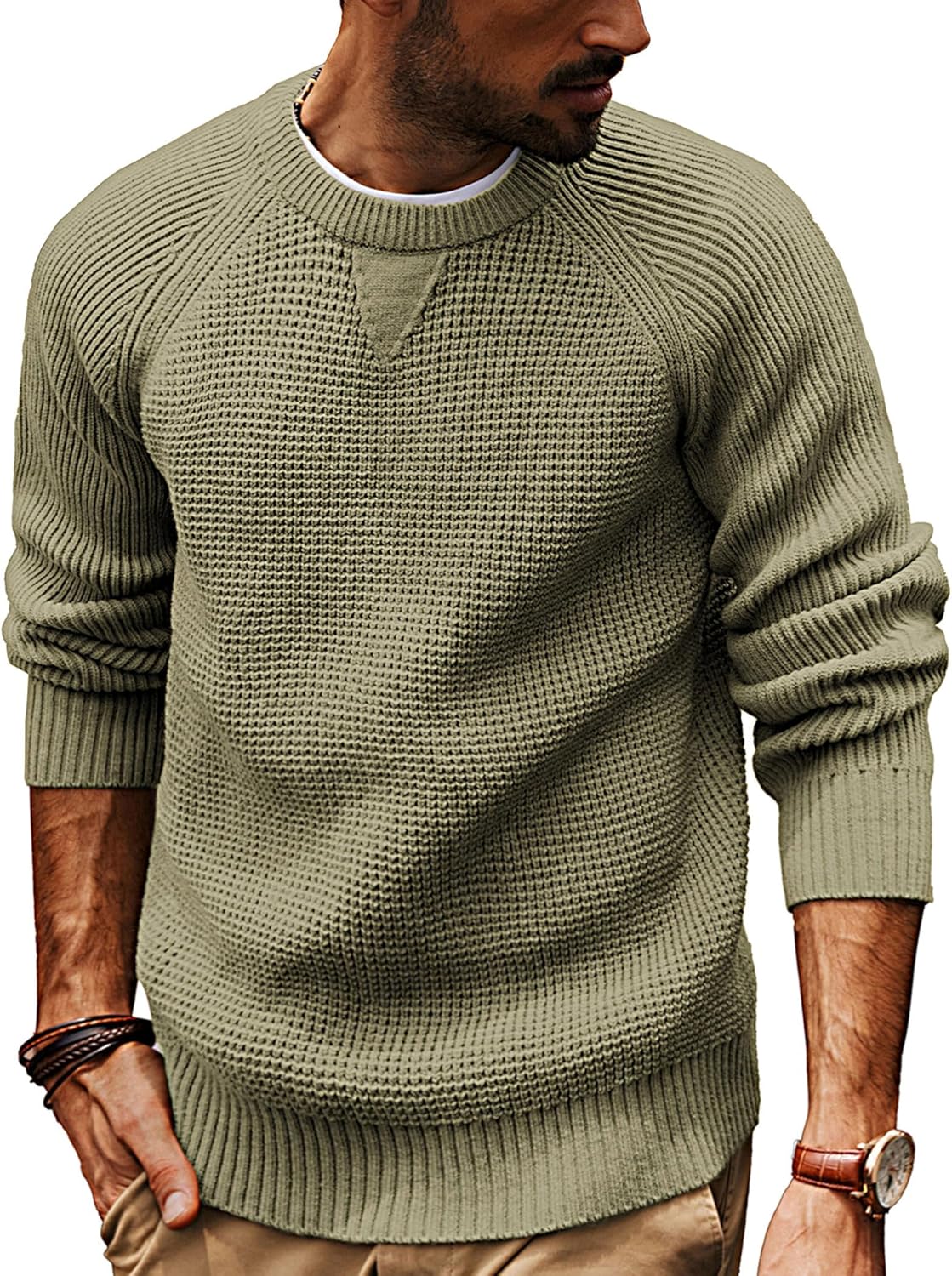 PJ PAUL JONES Mens Crewneck Sweater Waffle Knitted Pullover Sweaters Raglan Sleeve Knitwear Sweaters PJ PAUL JONES Mens Crewneck Sweater Waffle Knitted Pullover Sweaters Raglan Sleeve Knitwear Sweaters