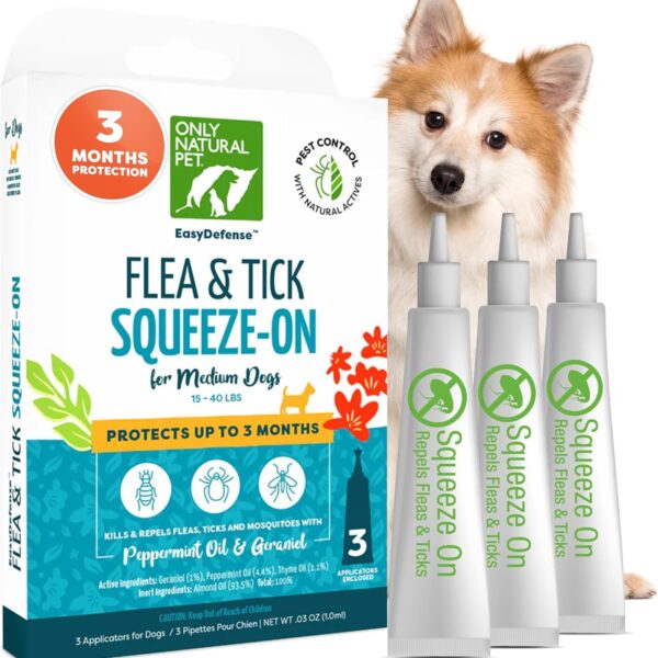Only Natural Pet EasyDefense Flea & Tick Prevention for Medium Breed Dogs (15 to 40 lbs) - Natural Herbal Control, Squeeze-On Drops - Protects up to 3 Months (M Sqz)