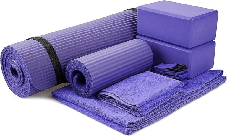 BalanceFrom 7-Piece Yoga Set with 71x24x0.5 Inches Extra Thick Mat and Carrying Sling  Includes 2 Blocks, Stretch Strap, 2 Towels, and Knee Pad for Home, Studio, and Gym Workouts